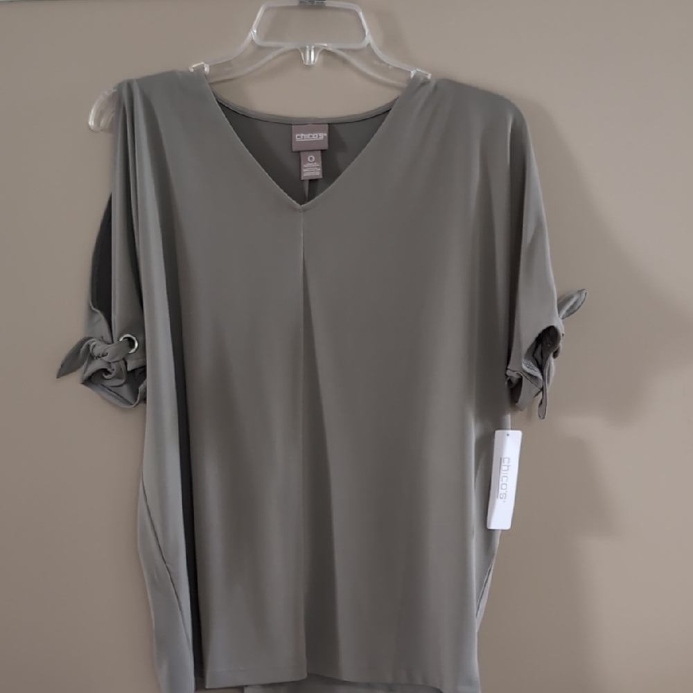 Chico's Green and Gray Relaxed Tie Front Blouse
